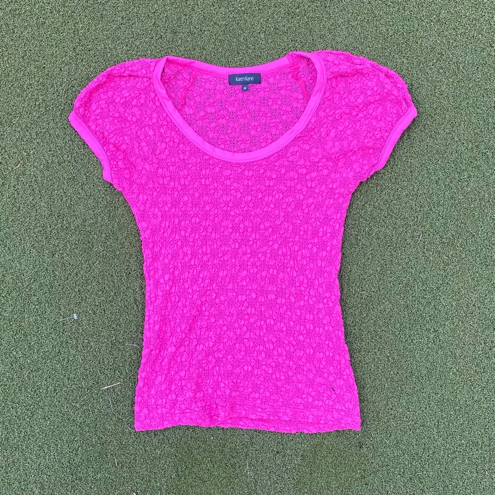 Vintage pink flower detail lace top with puff sleeves